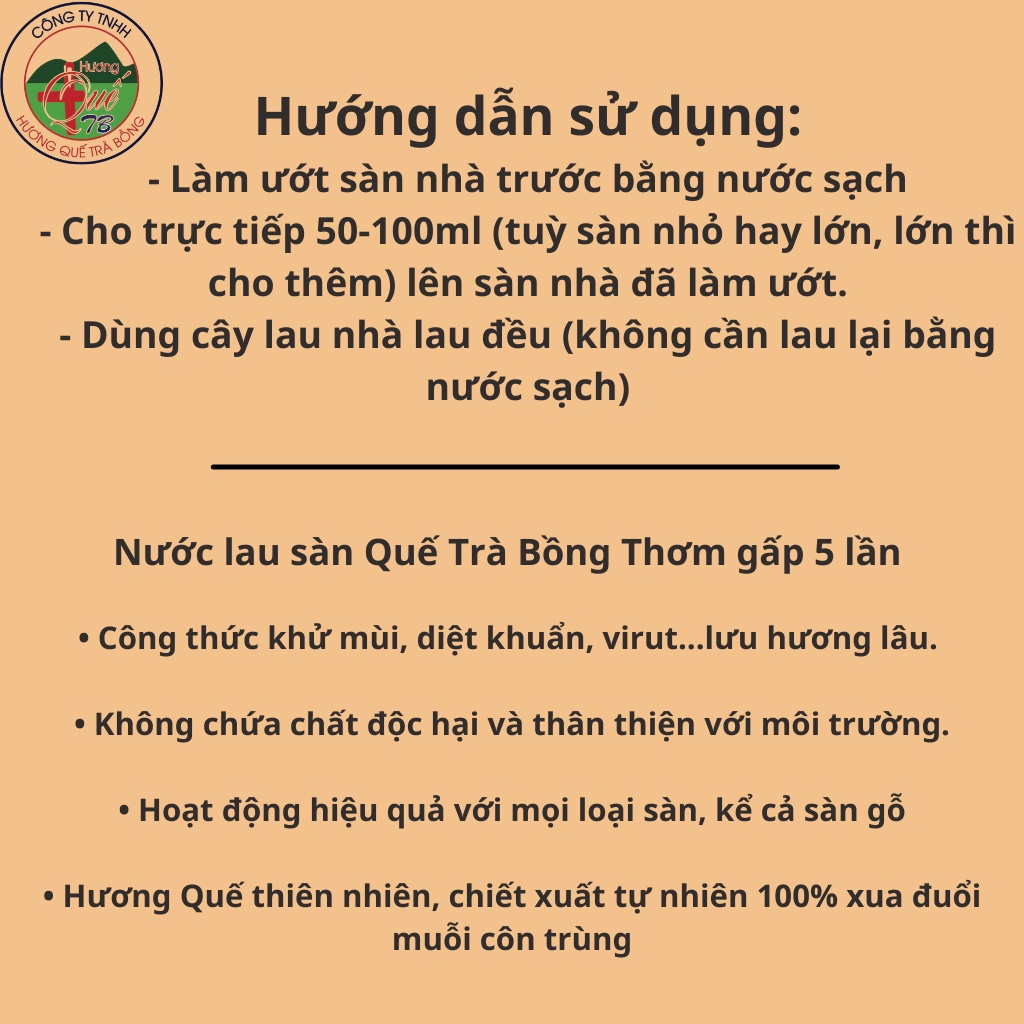 Nước Lau Sàn Hương Quế Trà Bồng X5 Tinh dầu Organic Thiên Nhiên Diệt Khuẩn 1000ml