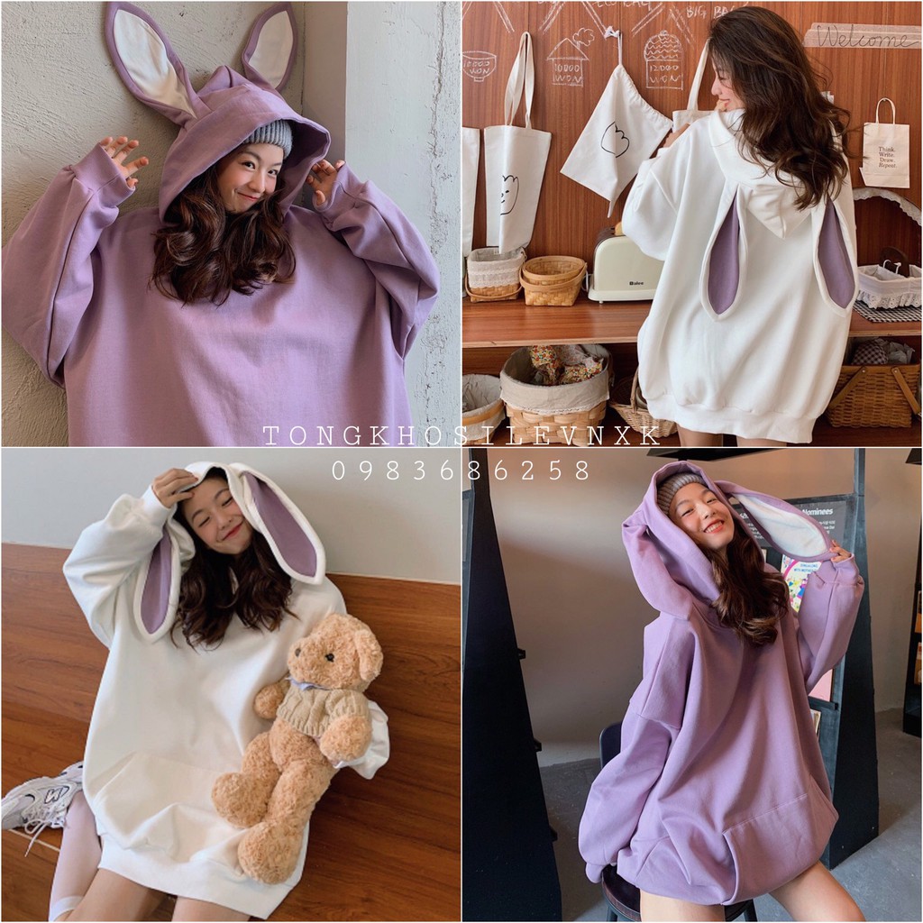 ÁO HOODIE TAI THỎ Nỉ Ngoại Tím Trắng - ÁO NỈ MŨ TAI CUTE CHẤT ĐẸP FORM RỘNG | BigBuy360 - bigbuy360.vn