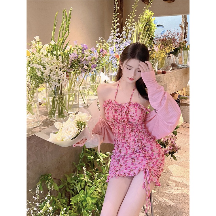 Set Áo Khoác Cardigan Dài Tay Và Đầm Hai Dây Họa Tiết Hoa Phong Cách Hàn Quốc Cho Nữ