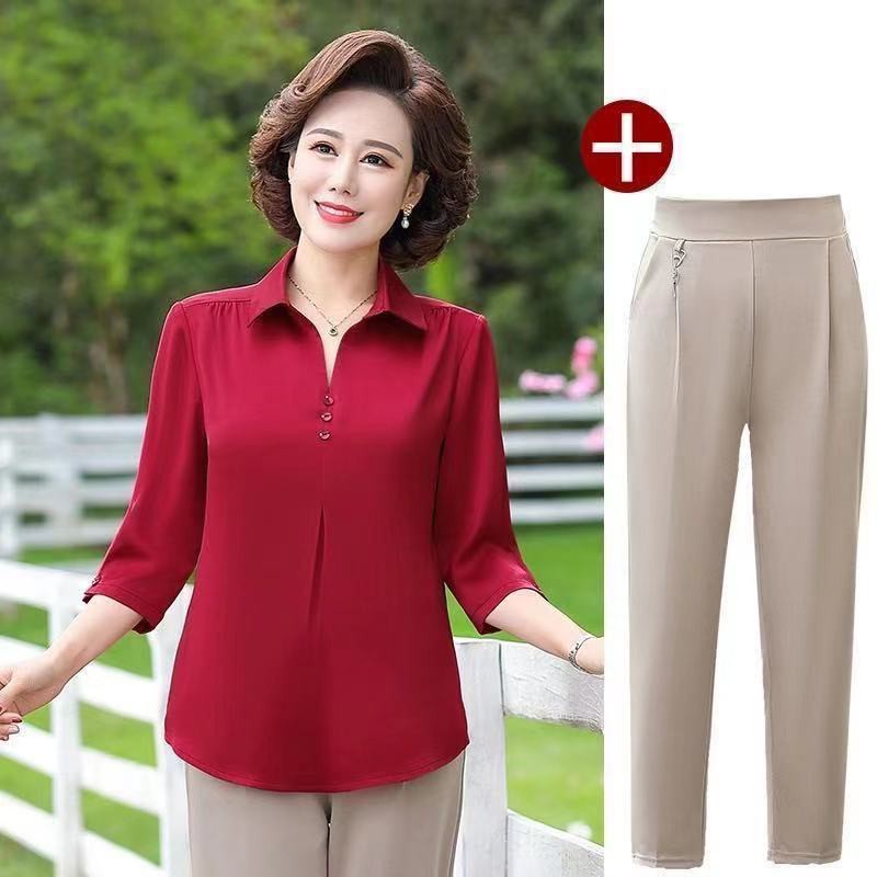 bán trướcNgười nổi tiếng trên Internetbộ đồ hai mảnh mùa hè của mẹ trung phụ nữ đứng tuổi Áo phông nhỏ 40-50 lụa