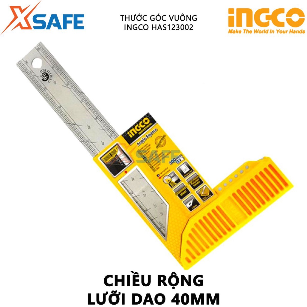 Thước đo góc vuông INGCO HAS123002 Ê ke chiều dài 300mm(12&quot;), chiều rộng lưỡi dao 40mm, lưỡi thép không gỉ dày 1.5mm