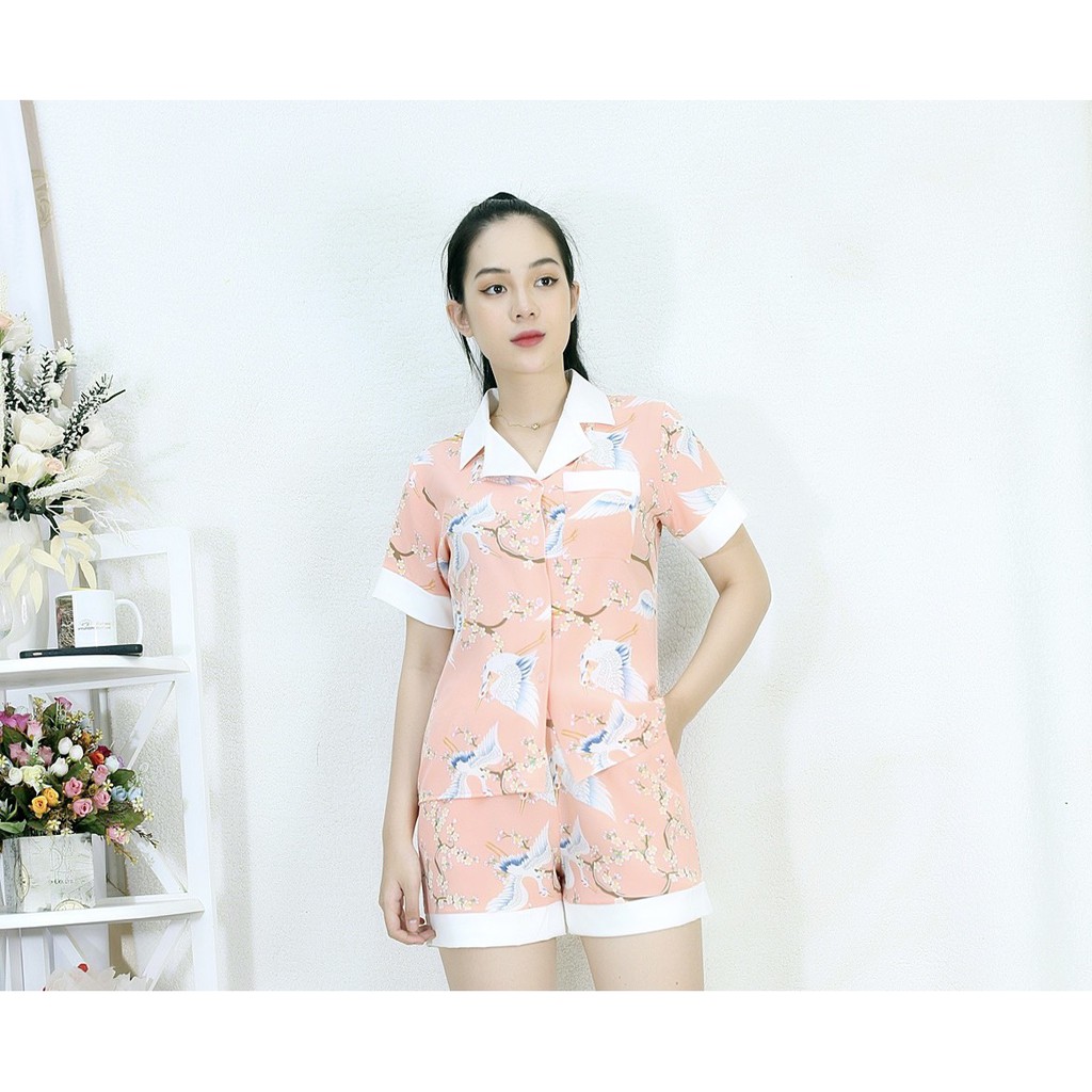 [HÌNH THẬT] Bộ đồ Pijama ngắn mặc nhà CON CÒ HỒNG  PHA CỔ TRẮNG - Vải Siêu Lụa Cao Cấp - Mềm Mại Êm Ái