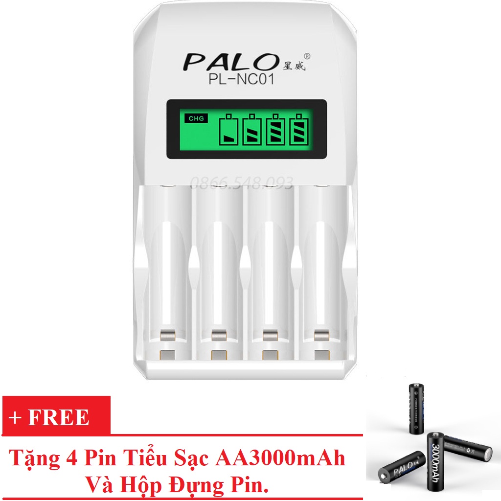 [Có bảo hành] Bộ sạc pin tiểu đa năng tự ngắt bốn khe PALO C907 Tặng 4 pin AA3000