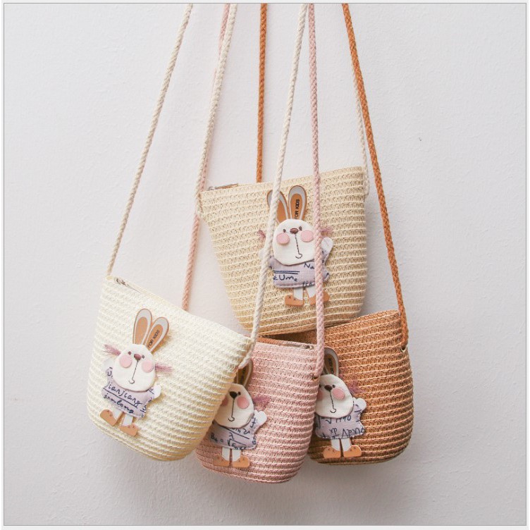 Túi đeo vai đan cói họa tiết thỏ hoạt hình dễ thương xinh xắn