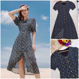 Bán sỉ Đầm hoa xoè cổ tim dáng maxi cúc trước