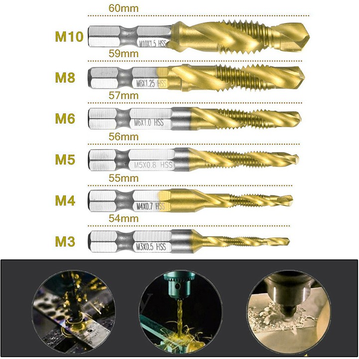 Mũi khoan taro ren ❤️FREESHIP❤️ Mũi khoan tạo ren HSS 6542 M3-M10 phủ Titanium chuôi lục giác