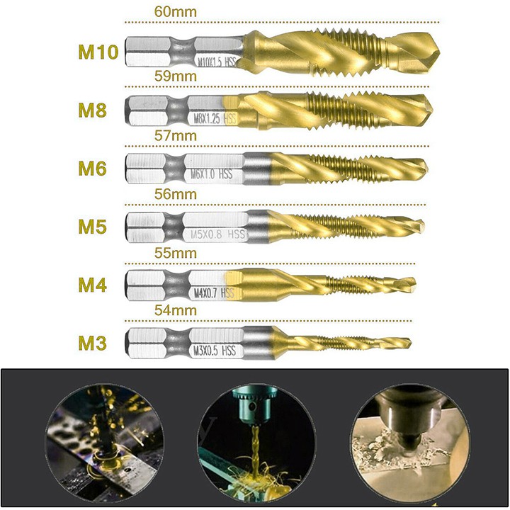 ❤️FREESHIP❤️ Mũi khoan tạo ren HSS 6542 M3-M10 phủ Titanium chuôi lục giác - Mũi khoan taro ren