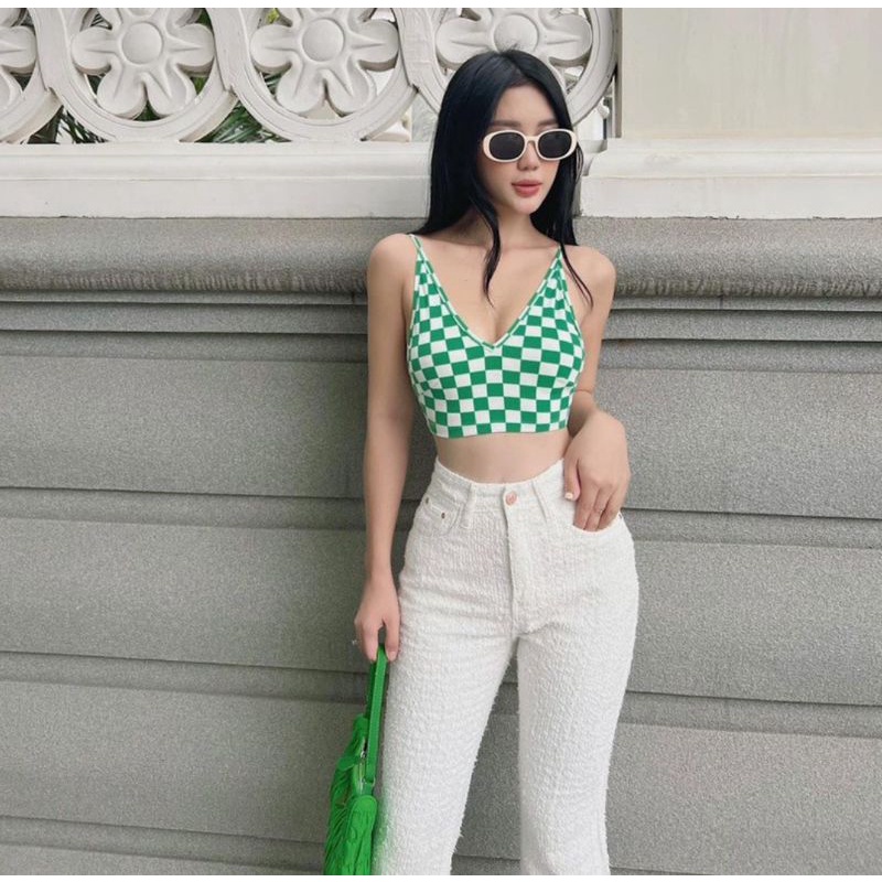 Áo 2 dây cổ tim kẻ sọc caro  CROPTOP PC