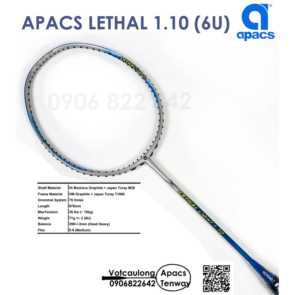 [Chính hãng BH] Vợt cầu lông Apacs Lethal Light 1.10 (6U) - Siêu nhẹ như không, nặng đầu chuyên công - có phiếu bảo hành