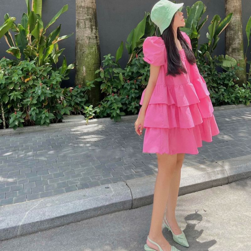 Hàng Xịn Váy đầm nữ babydoll tay phồng cổ vuông nhiều tầng dáng xoè tiểu thư đi biển đi chơi oversize màu xanh màu hồng