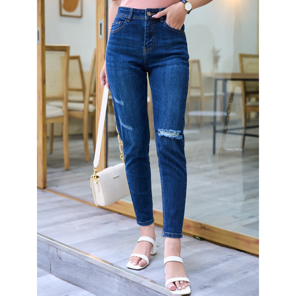 Quần jean nữ YODY màu xanh dáng ôm có xước - QJN4028