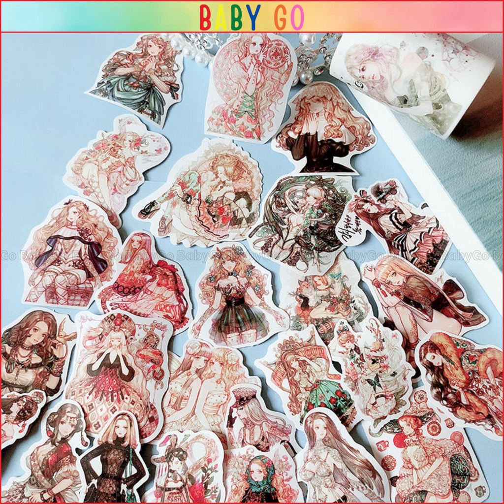Sey 30 sticker vintage, hình dán anime công chúa dễ thương trang trí sổ tay laptop cute giá rẻ