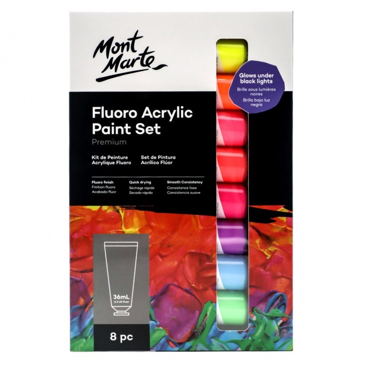 BỘ MÀU ACRYLIC DẠ QUANG MONT MARTE - 8 MÀU, TUÝP 18/36 ML (VẼ GIÀY, VẼ ÁO, VẼ TƯỜNG, TRANG TRÍ LY NHỰA ..)