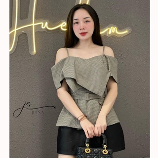 Sét áo kẻ hở vai 2 dây, thiết kế mix chân váy đen tafta sang chảnh tiểu thư JEENA
