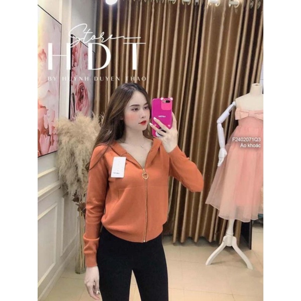 Áo khoác len dệt kim có nón kéo khóa đắp túi trước tay dài hàng Quảng Châu 2402