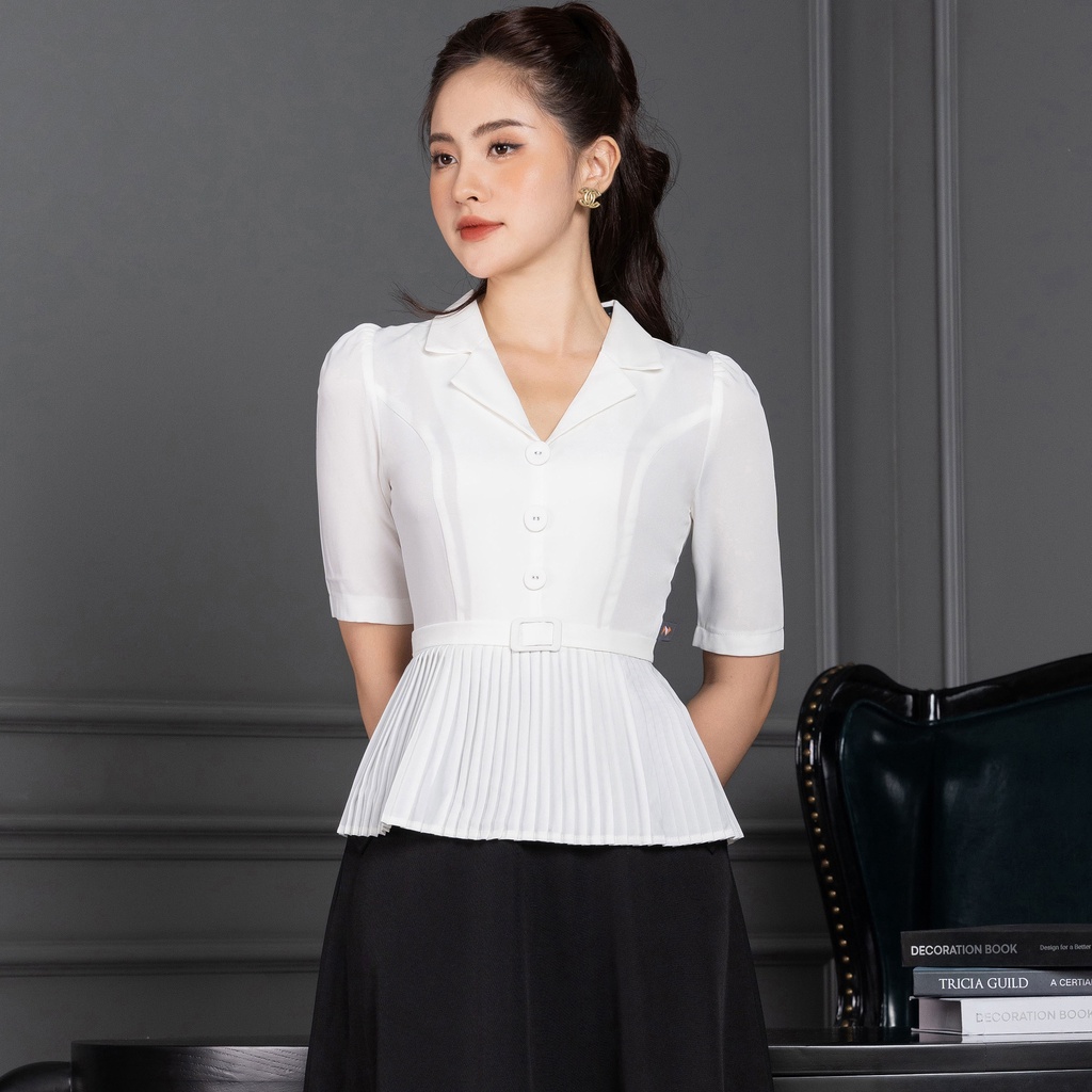 Áo ký giả nữ Peplum công sở Dập Ly UK Fashion Thiết Kế Tay Ngắn Bo Eo Điệu NKFSM2110001