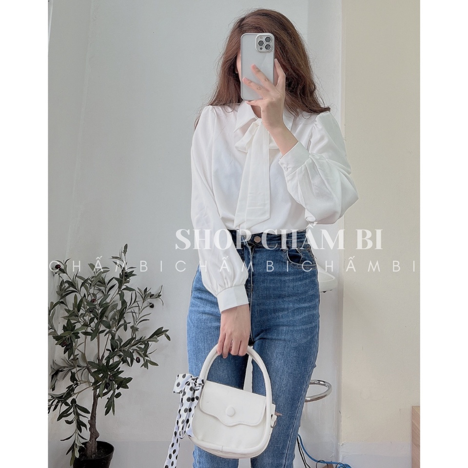 Áo sơ mi trắng basic A.283, Áo sơ mi tay bồng cổ đức thắt nơ lụa tiểu thư
