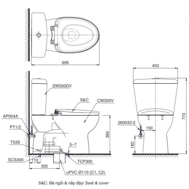 Bồn Cầu Hai Khối TOTO CS300DT3Y1 Nắp TC385VS, bàn cầu 2 khối nắp đóng êm chính hãng