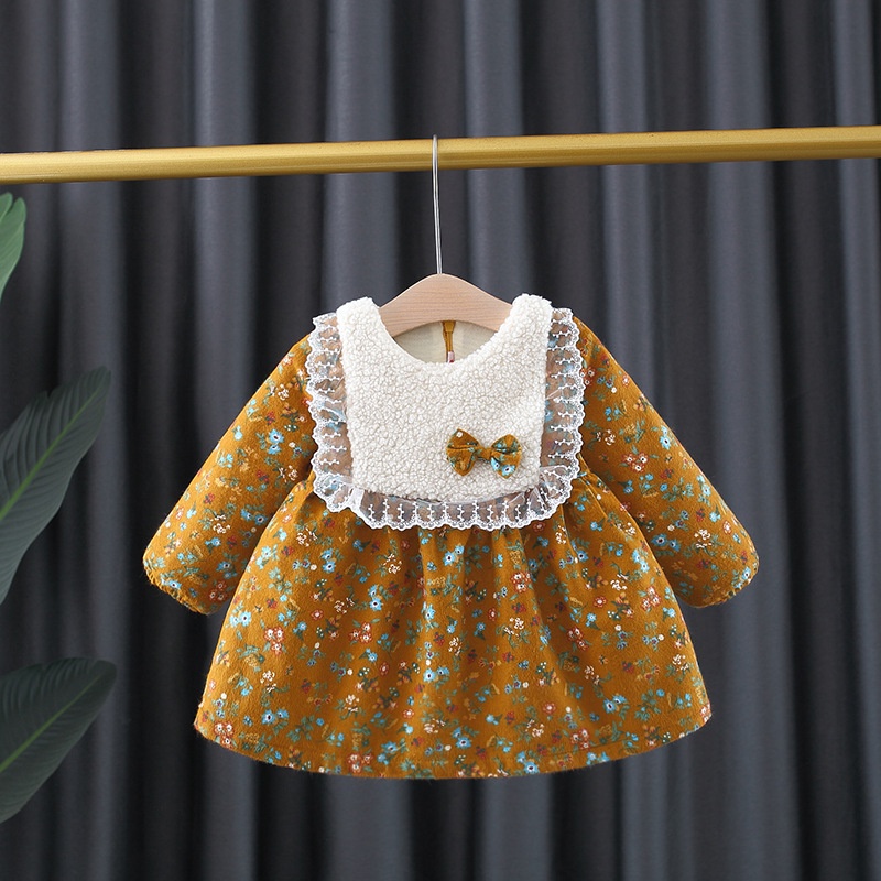 Đầm Dài Tay Thắt Nơ In Hoa Thời Trang Thu Đông Mới Cho Bé Gái