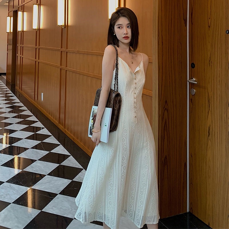 Đầm ren đi biển vintage cúc gỗ cao cấp/ Váy maxi basic hoạ tiết hai dây retro dáng dài nhẹ nhàng