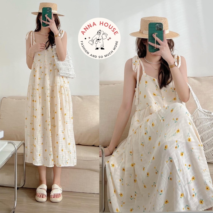 Đầm maxi hai dây dáng dài rộng buộc nơ vai hoa daisy vàng be babydoll, Váy suông maxi 2 dây hoa cúc nhí xòe dài đi biển