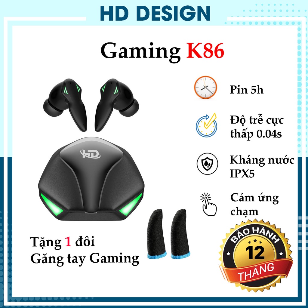 Tai Nghe Gaming K86, Tai Nghe Chơi Game Bluetooth 5.1 TWS - Có Mic- Độ Trễ Cực Thấp 0,04s - Pin Cực Trâu
