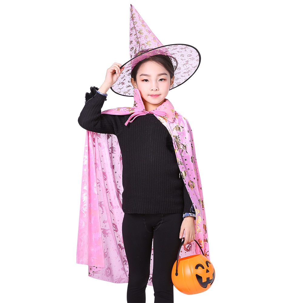 [HALLOWEEN] - Set Áo Choàng Phủ Thủy Kèm Mũ Hóa Trang Halloween Và Giỏ Bí Ngô Đựng Kẹo Cho Bé