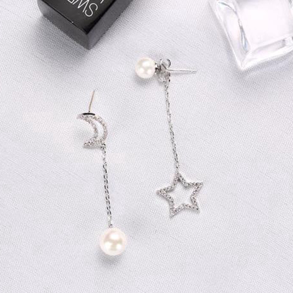 Đôi khuyên tai dây dài quyến rũ hình ngôi sao và hạt tròn mặt trăng