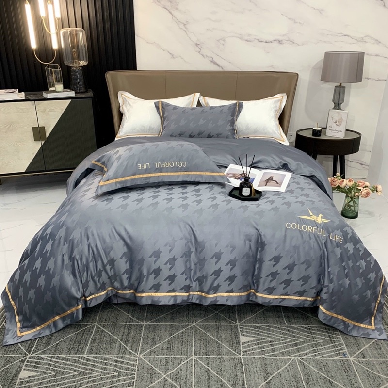 Bộ Chăn Ga Gối LỤA SILK PIMA VÂN CHÌM + Thêu logo Quý tộc mẫu mới 2020 /Set 4 món