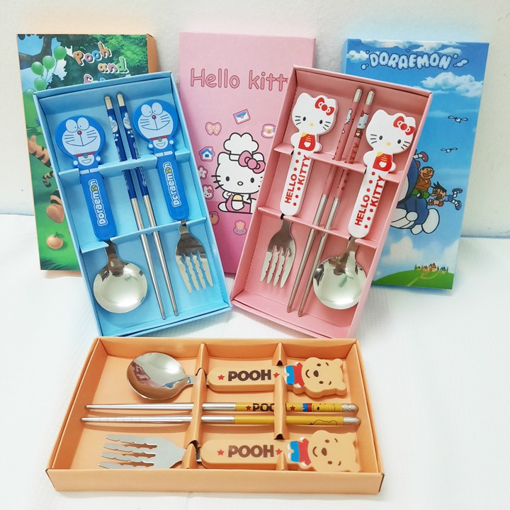 Bộ dụng cụ tập ăn 3 món inox thìa dĩa đũa họa tiết hoạt hình cho bé (BDS04)