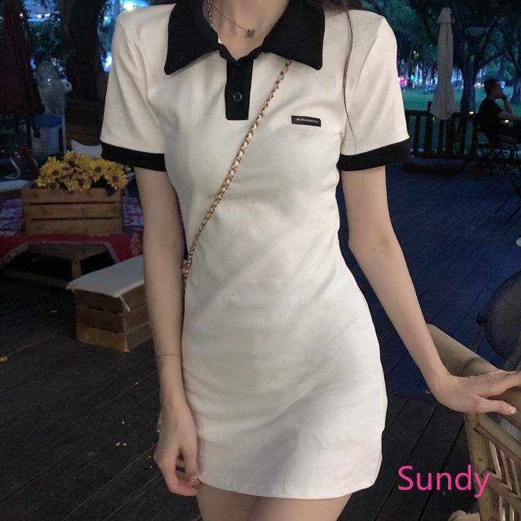 Váy midi tay ngắn cổ polo thời trang mùa hè cho nữ