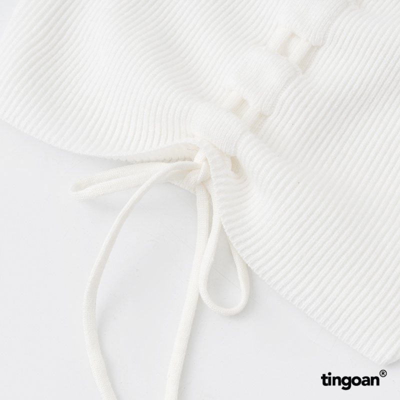 TINGOAN®  - Áo len xù trắng trễ vai rút dây tay dài sẻ vạt LUCIA TOP/WH