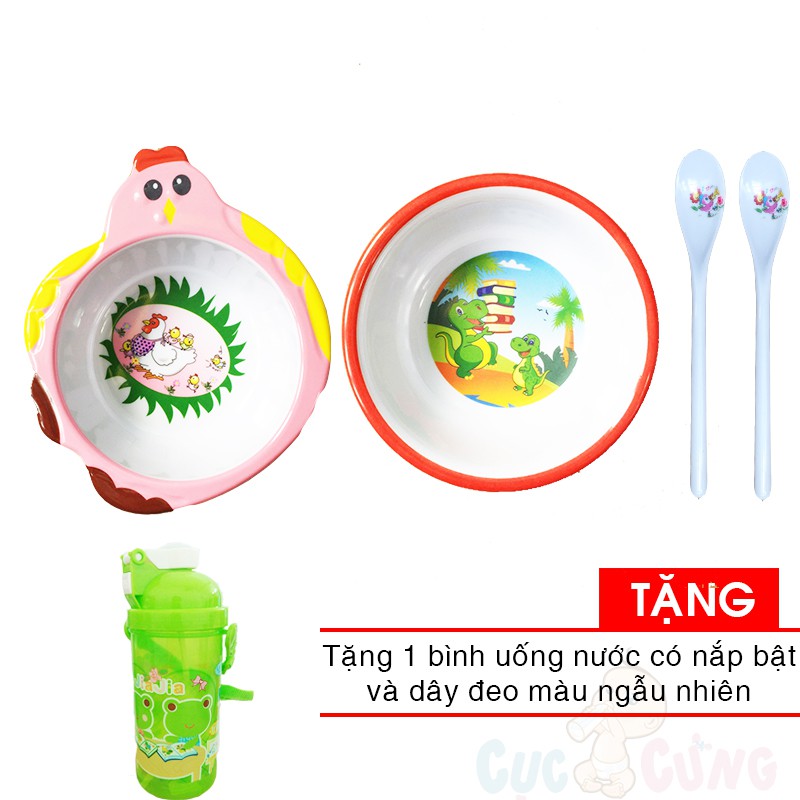 Tô cho bé tập ăn hình gà bằng nhựa + Tô trẻ em in hình bằng nhựa + 2 muỗng ăn dặm cán dài TẶNG bình uống nước