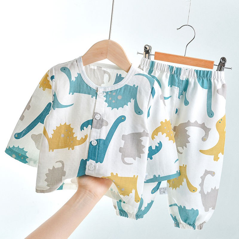 Bộ đồ ngủ trẻ em vải cotton điều hòa không khí mặc nhà cho bé trai gái mùa hè dài tay mỏng sơ sinh