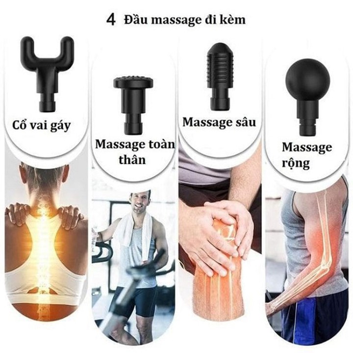 Súng massage cầm tay 4 đầu 6 chế độ - Súng bắn massage trị liệu đau mỏi vai gáy, đau nhức căng cơ