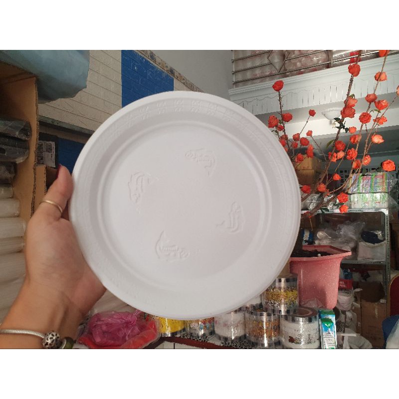 Dĩa nhựa tròn dùng 1 lần, dĩa lớn 23cm. 50 cái/cây