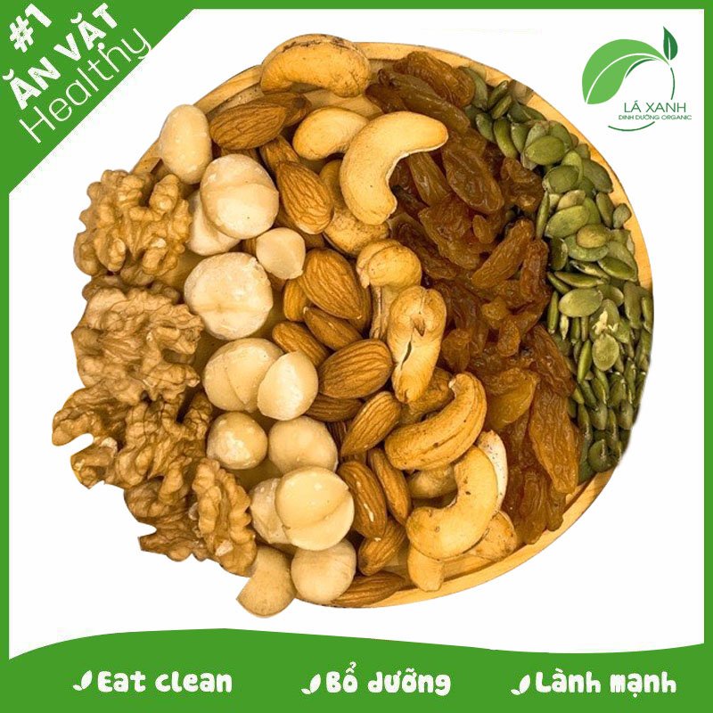 Hạt mix, Hạt dinh dưỡng Nhập khẩu Nhà Lá, Mix 6 vị hạt điều, hạnh nhân, macca, óc chó, hạt bí và nho vàng Mỹ