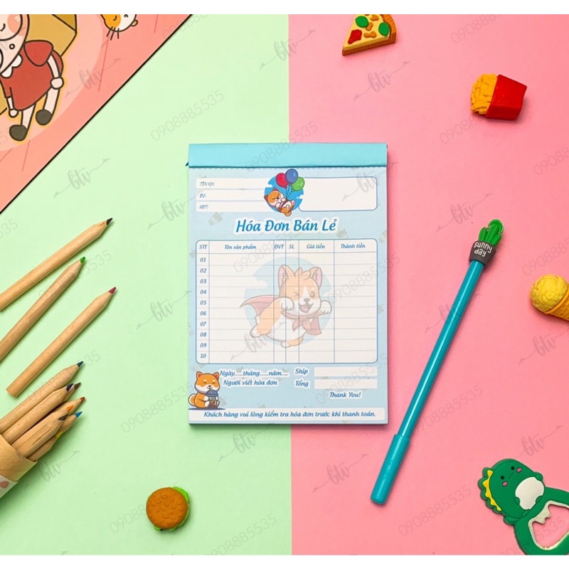 Hoá Đơn Bán Lẻ Cute size 11.7x16.5cm-100 tờ/1 cuốn, Giấy dày Fo70