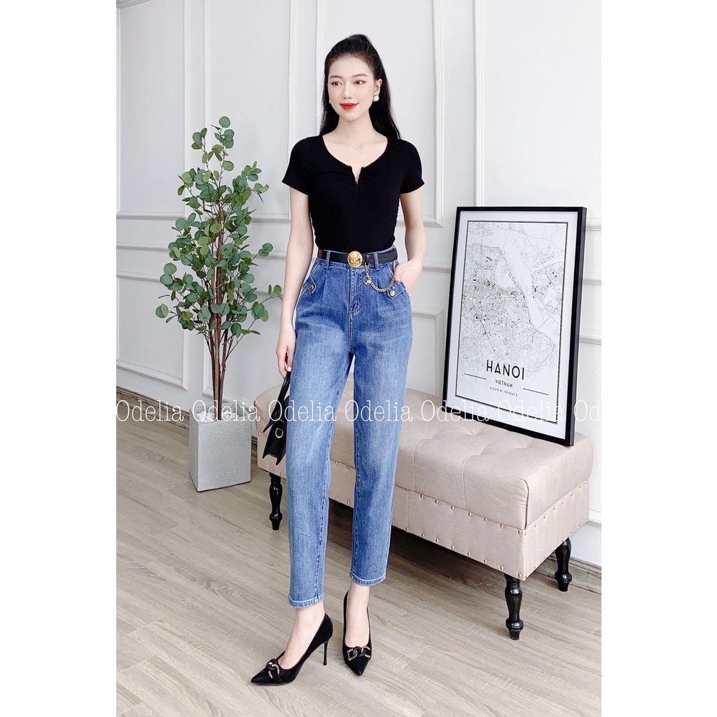 Quần baggy jeans Odelia đai da mặt kim loại - Q5905