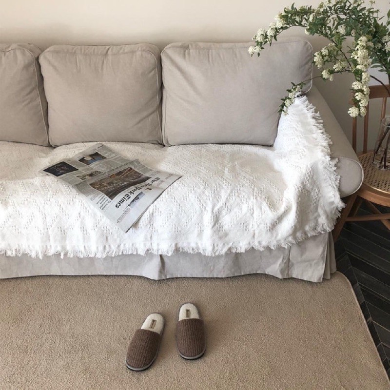 Thảm sofa trắng thêu hoa tua rua, chăn mỏng văn phòng, thảm chụp hình vintage - Décor nhà Sò