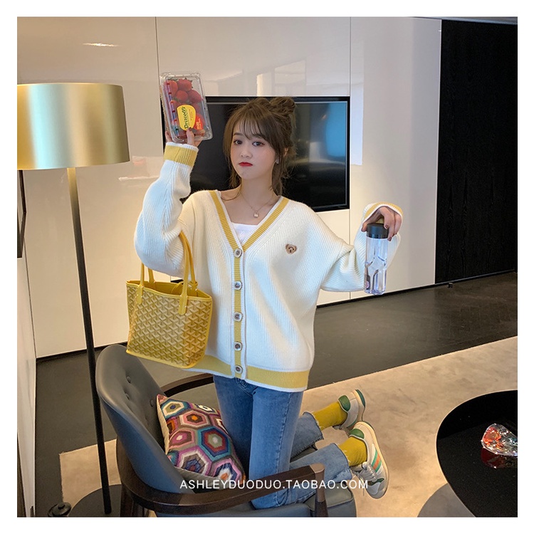 Áo sweater tay dài dáng rộng cổ chữ V thời trang Hàn Quốc năng động