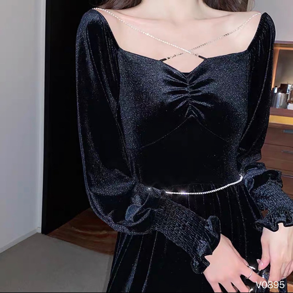 Đầm Cổ Vuông Dây Bling Tay Phồng LSEOUL V0895 Chất Dày Dặn Sang Trọng Kiêu Sa