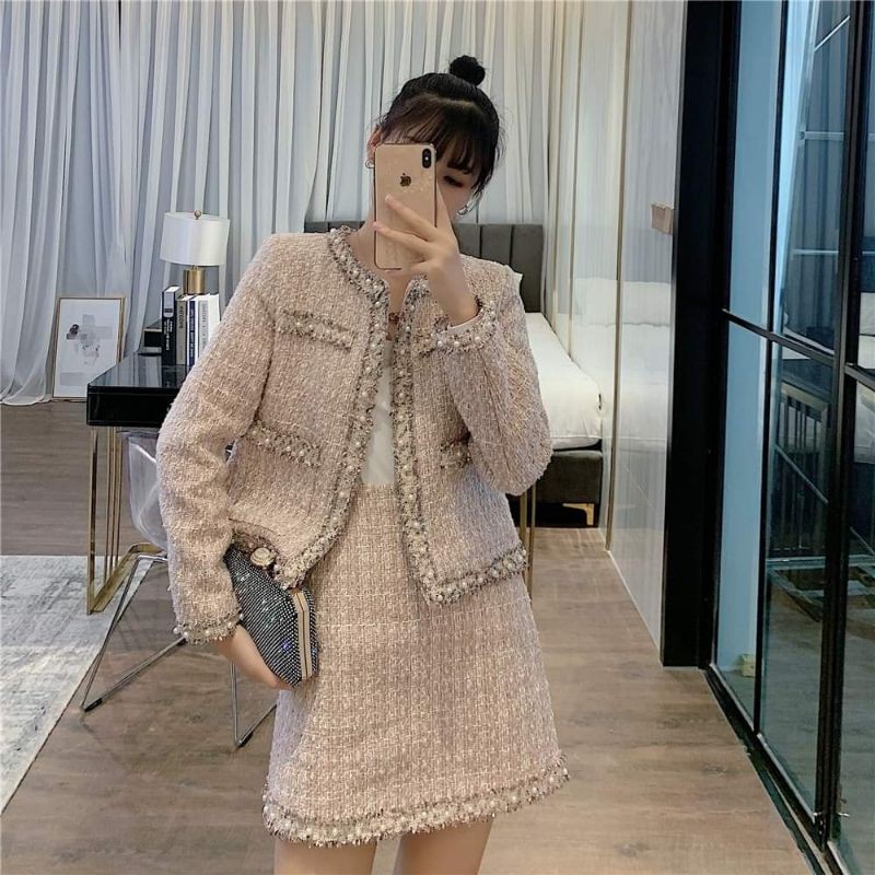 (SẴN) Set dạ tweed viền kim tuyến đính ngọc T9 | BigBuy360 - bigbuy360.vn