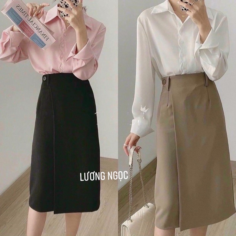 Chân váy chữ A công sở phối vạt trước váy có đai đính cúc