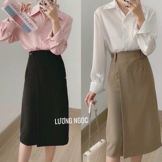 Chân váy chữ A công sở phối vạt trước váy có đai đính cúc