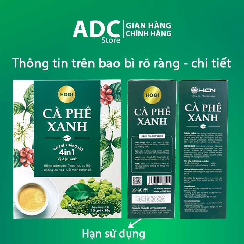 Cà Phê Xanh Giảm Cân, Cà Phê Kháng Mỡ HOGI Hương Vị Đậu Xanh Thơm Ngon Dễ Uống, Hộp 15 Gói - ADC Store