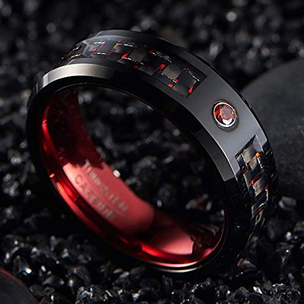 Nhẫn Cưới BONLAVIE 8mm Màu Đỏ / Xanh Dương / Đen Bằng Vonfram Cacbua Đính Đá CZ Inlay Thoải Mái Cho Nam Cỡ 6-15
