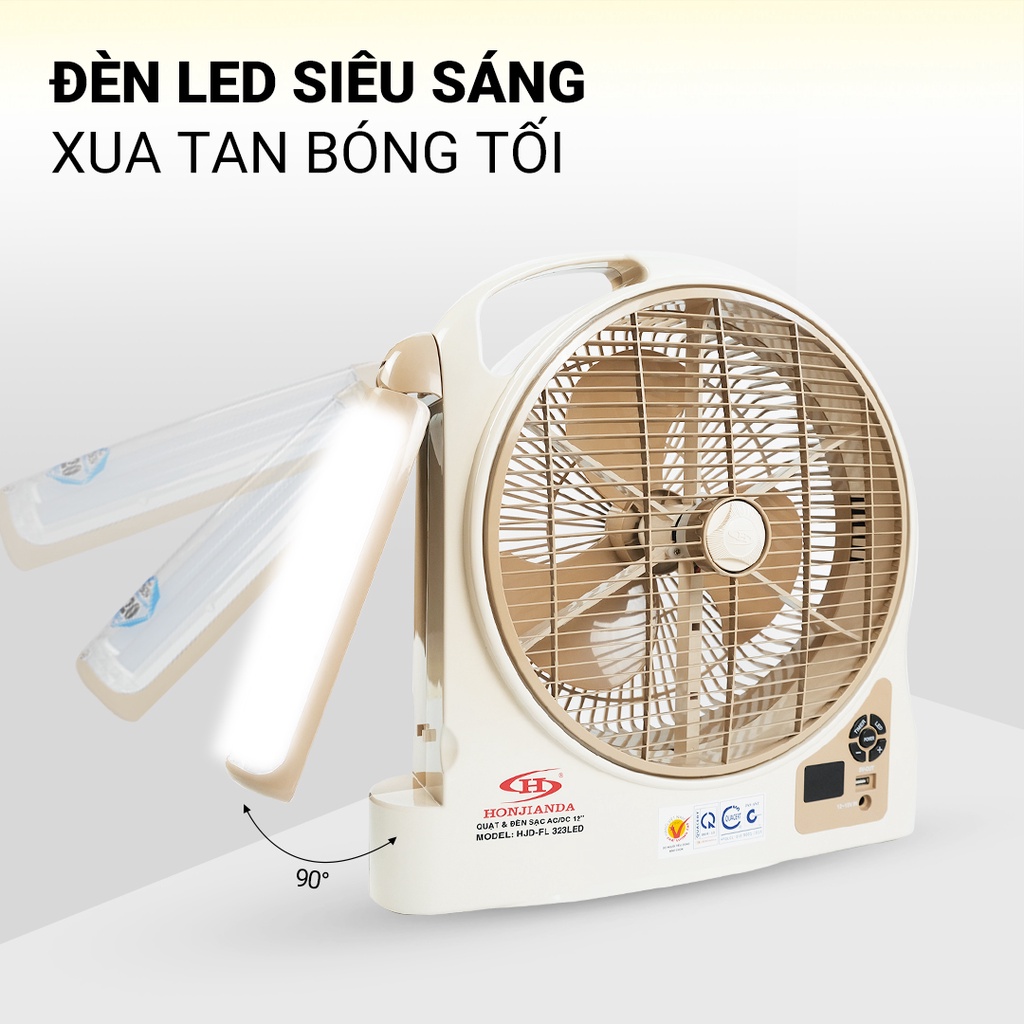 Quạt sạc tích điện dạng hộp AC&amp;DC 12 inch Honjianda FL323/FL313 1-2 bình - có đèn LED &amp; USB