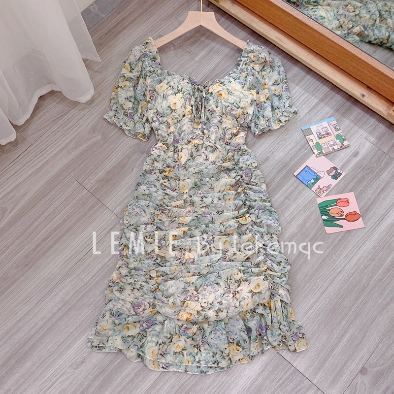 Váy Tơ Hoa Cổ Vuông Cúp Ngực Nhún Đuôi Cá Tiểu Thư Siêu Xinh , Đầm Hoa Mùa Hè V032