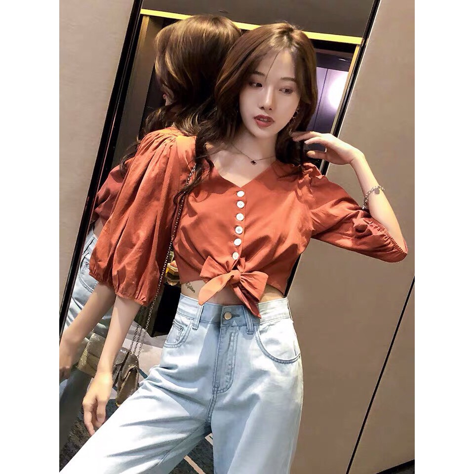 Áo Voan Kiểu Cổ V Tay Lỡ Phối Dây Buộc Nơ Bụng Phong Cách Mới TTS0750